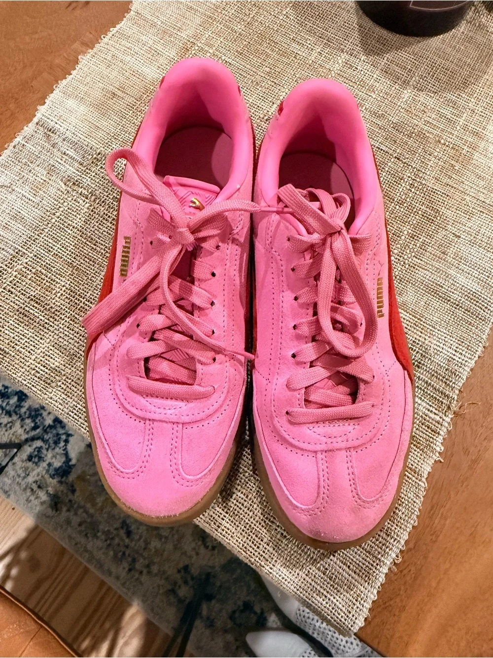 Puma Bright Pink Suede Sneakers with Red Stripe